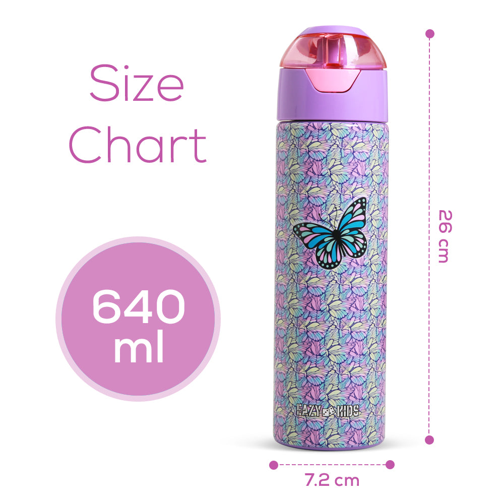 EAZY KIDS - Insulated Stainless Steel Water Bottle w/Spray -Butterfly, 640ml Purple