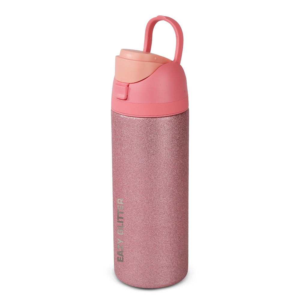Eazy Kids Glitter Stainless Steel Water Bottle 720ml – Double Wall Insulated, Spout Lid, Leakproof - Pink