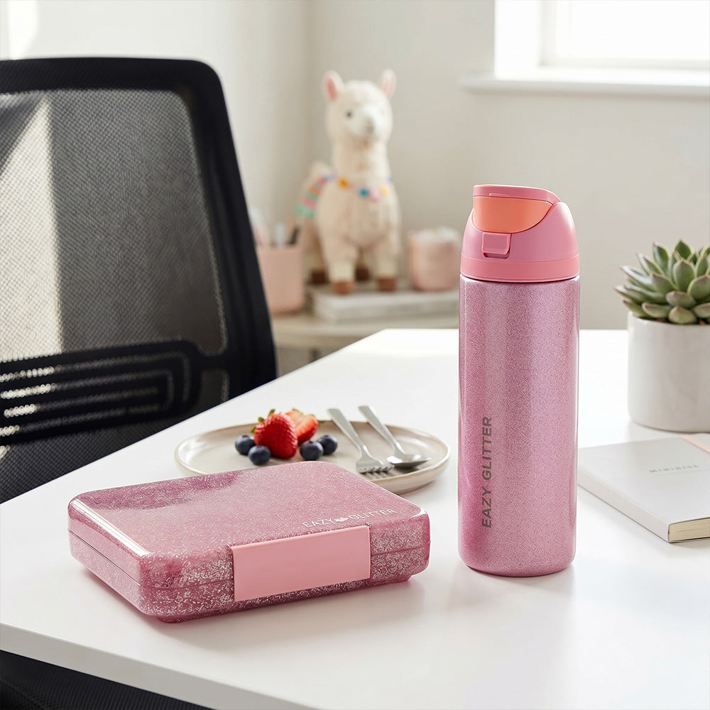 Eazy Kids Glitter Stainless Steel Water Bottle 720ml – Double Wall Insulated, Spout Lid, Leakproof - Pink