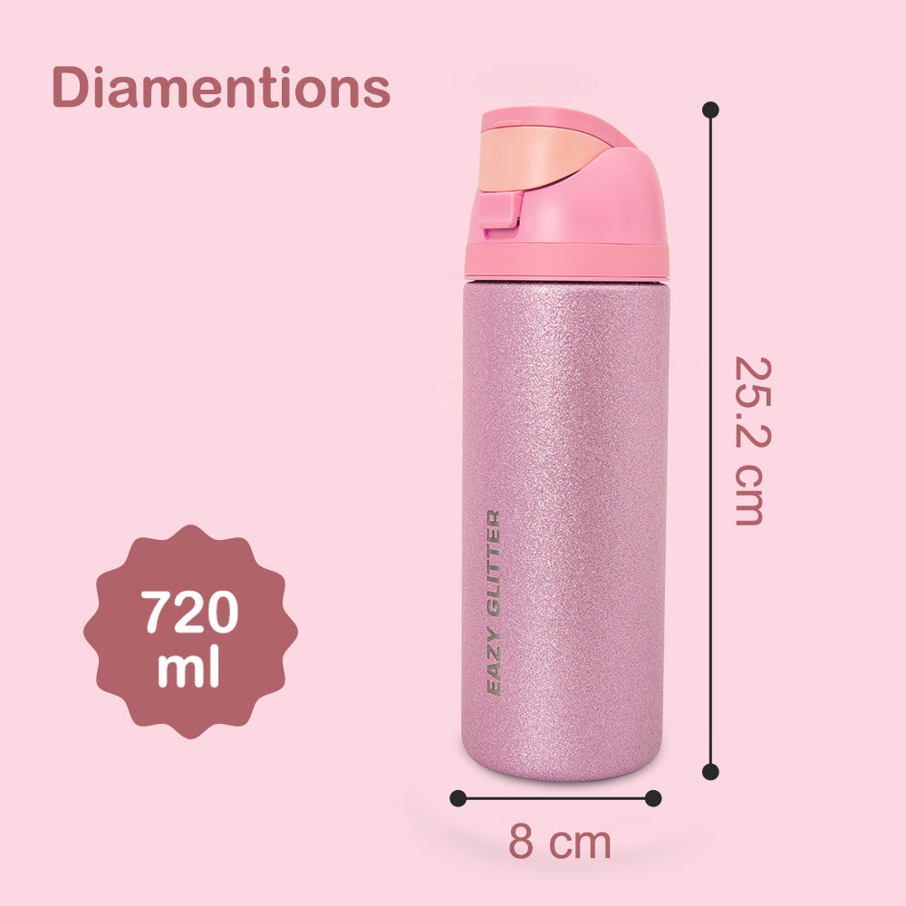 Eazy Kids Glitter Stainless Steel Water Bottle 720ml – Double Wall Insulated, Spout Lid, Leakproof - Pink