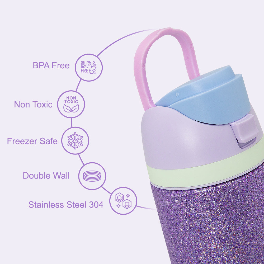 Eazy Kids Glitter Stainless Steel Water Bottle 720ml – Double Wall Insulated, Spout Lid, Leakproof - Purple