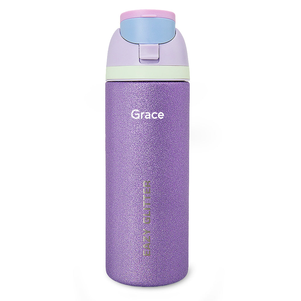 Eazy Kids Personalized Glitter Stainless Steel Water Bottle 720ml β Double Wall Insulated, Spout Lid, Leakproof - Purple