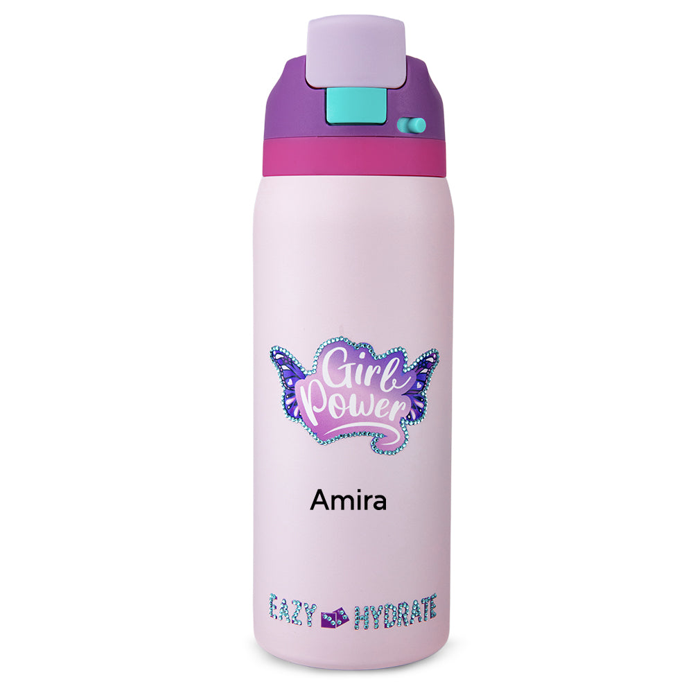 Eazy Kids Personalized Stainless Steel Water Bottle Bling w/ Straw and Spout 948 mL Girl Power Bling