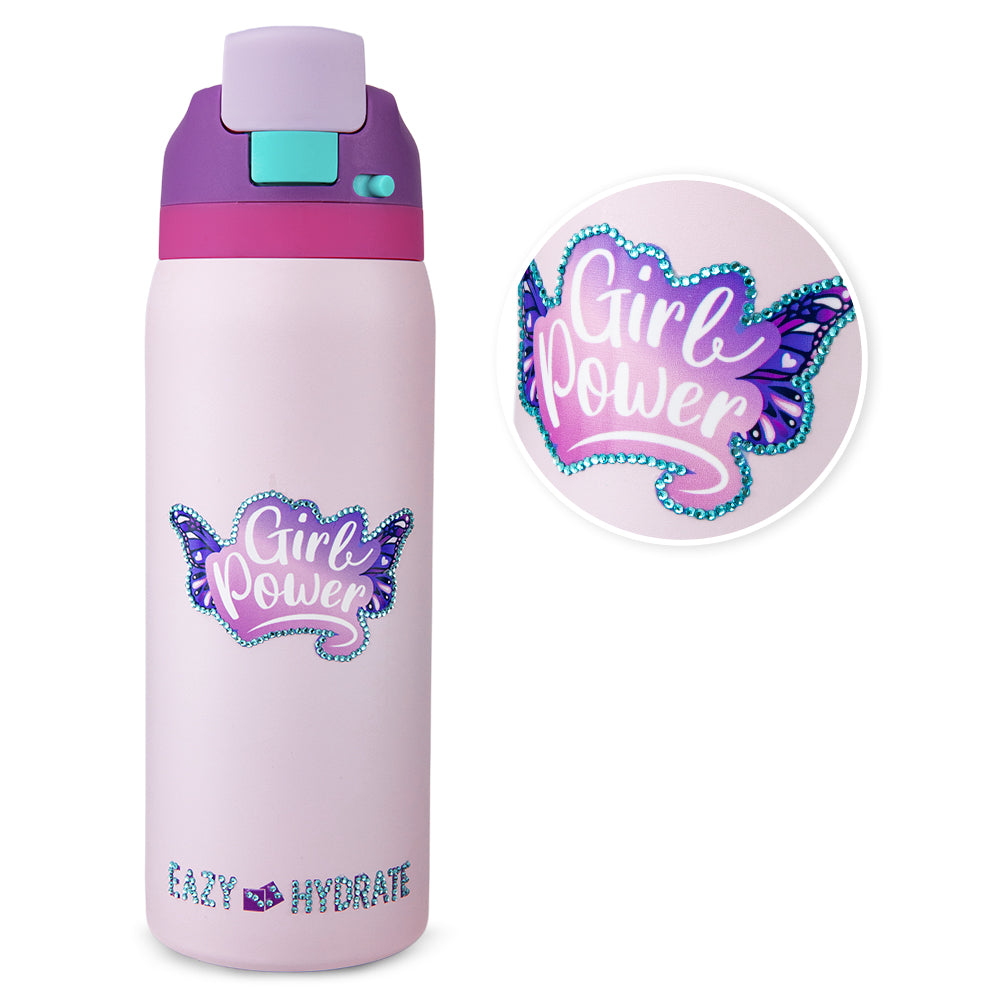 Eazy Kids Personalized Stainless Steel Water Bottle Bling w/ Straw and Spout 948 mL Girl Power Bling