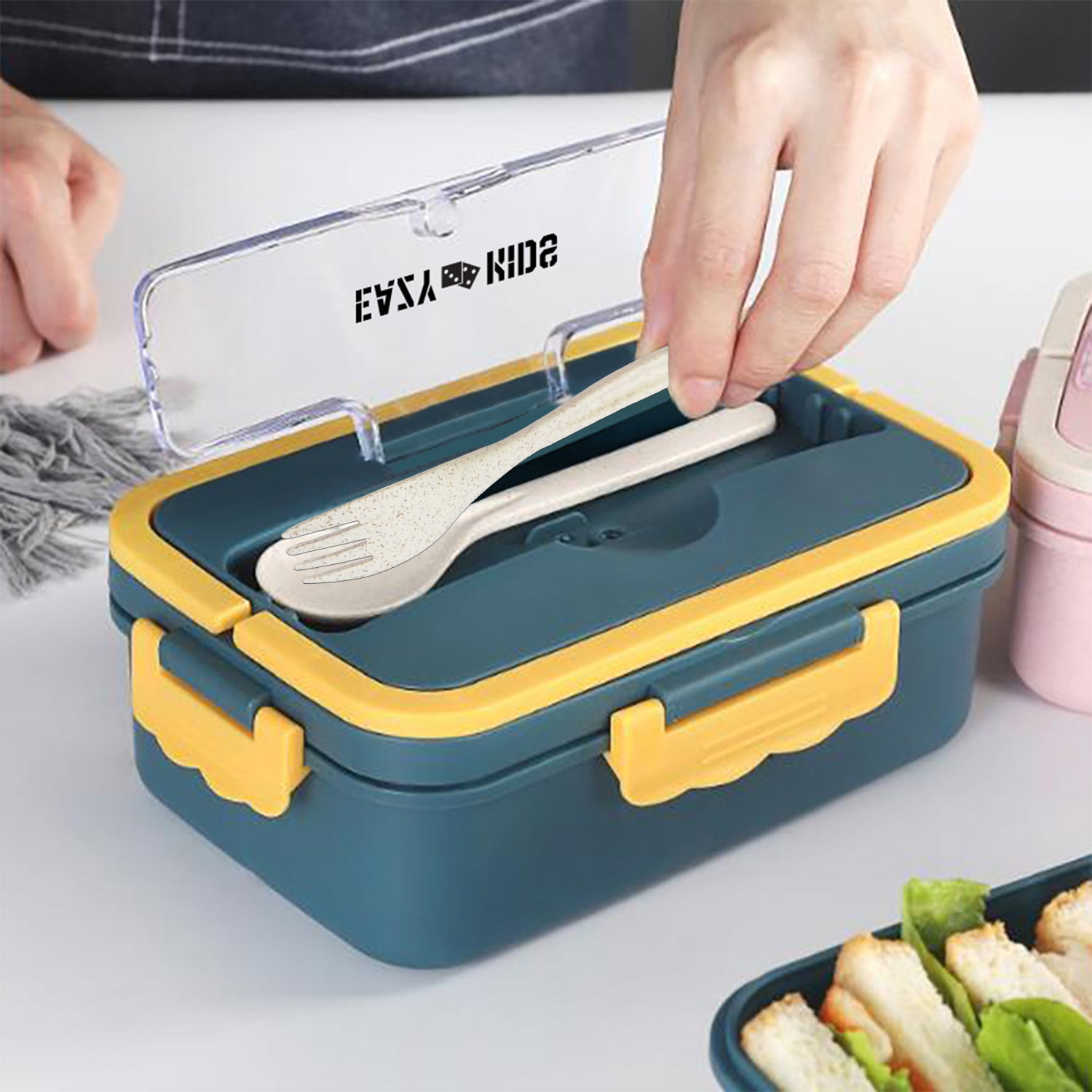 EAZY KIDS Wheat Straw Leakproof Eco - Friendly Bento Lunch Box - Blue (1500ml)