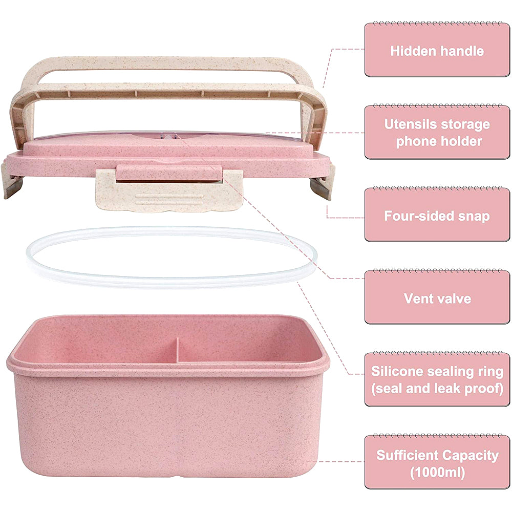 EAZY KIDS Wheat Straw Leakproof Eco - Friendly Bento Lunch Box - Pink (1500ml)