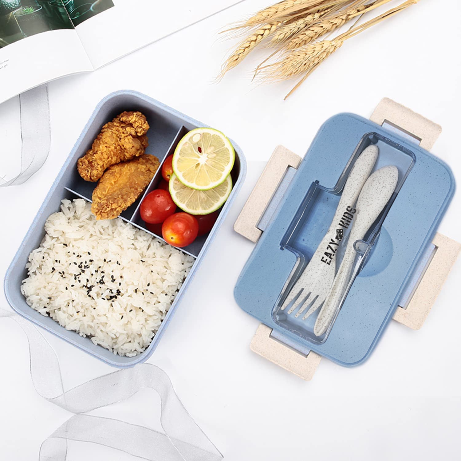 EAZY KIDS Wheat Straw Leakproof Eco Bento Lunch Box - Blue (1000ml)