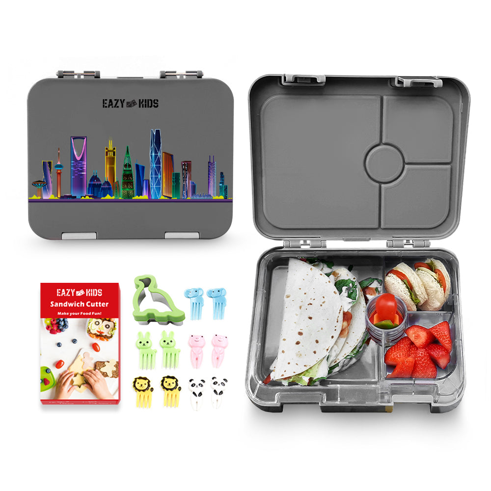 EAZY KIDS 4 Compartment Bento Lunch Box - Love Saudi Grey