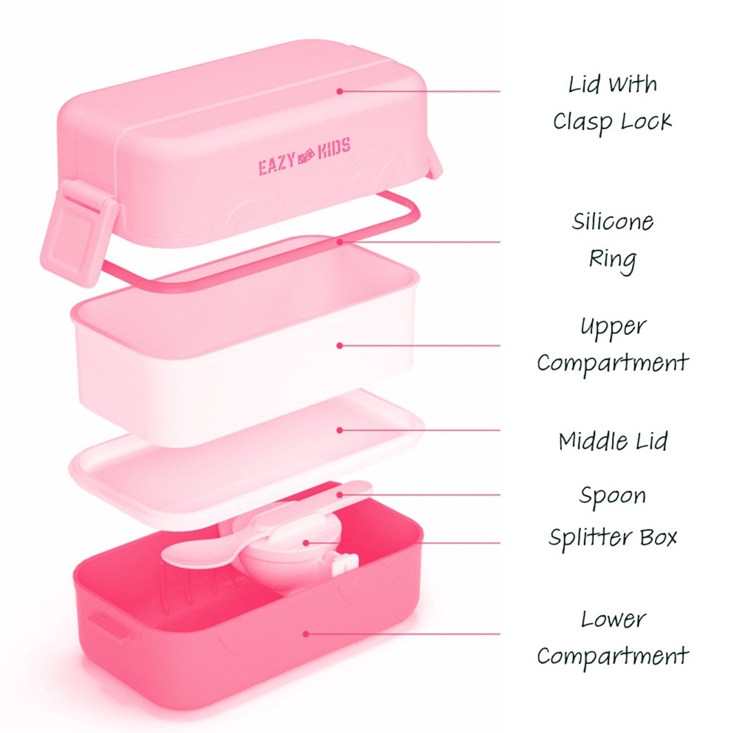 EAZY KIDS Double Decker tic - tac - toe Lunch Box w/Bento Compartment Splitter Sauce Box and Spoon - Pink (1200ml)
