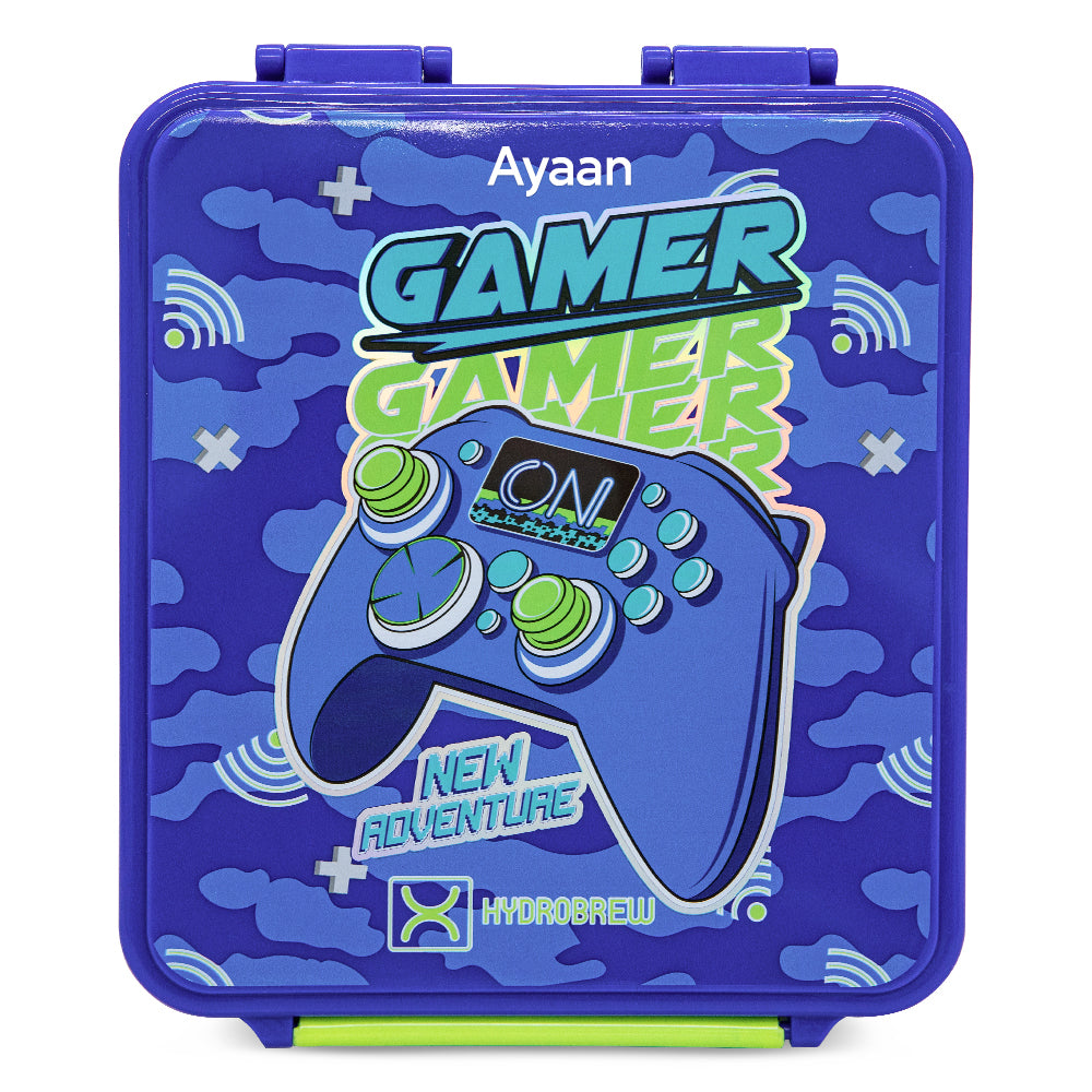 Hydrobrew Personalized Bento Lunch Box w/Steel Food Jar - Gamer Blue