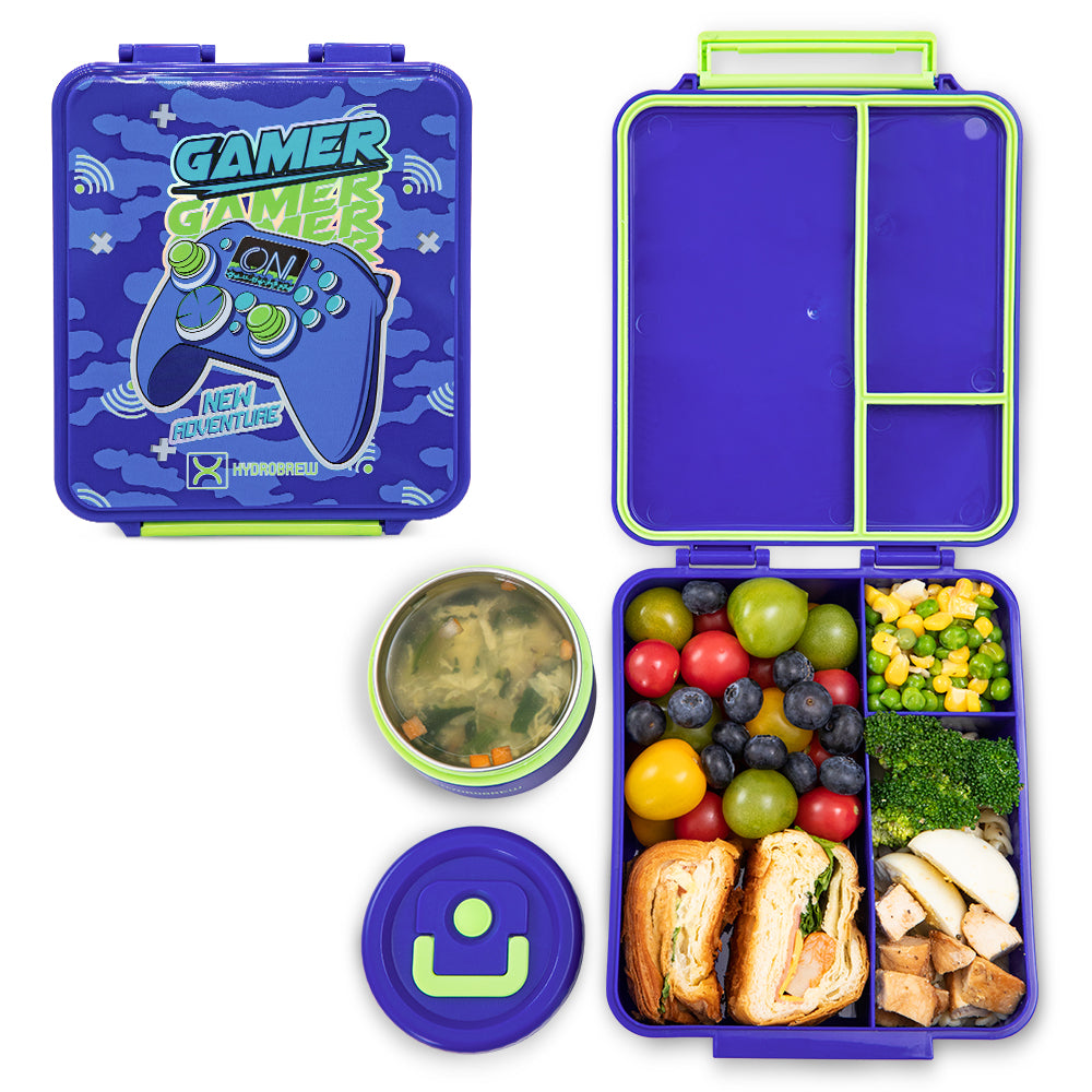 Hydrobrew Personalized Bento Lunch Box w/Steel Food Jar - Gamer Blue