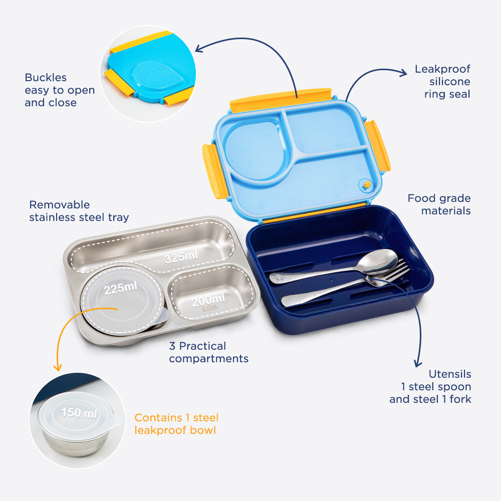 Hydrobrew Personalized Steel Core Lunch Box 750ml + 150ml Food Jar w/ cutlery, Stainless Steel, Leakproof - OCEAN NAVY
