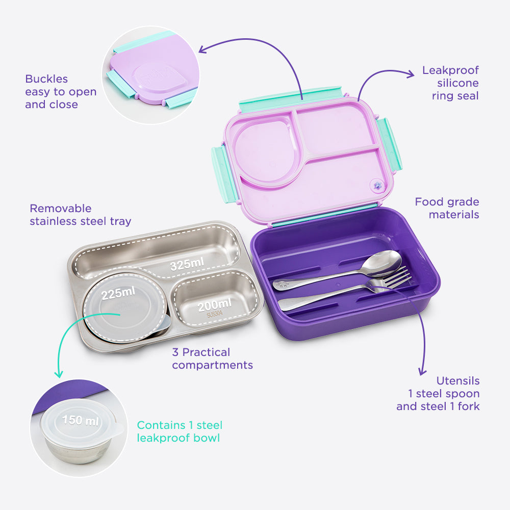 Hydrobrew Personalized Steel Core Lunch Box 750ml + 150ml Food Jar w/ cutlery, Stainless Steel, Leakproof - BERRY CREAM