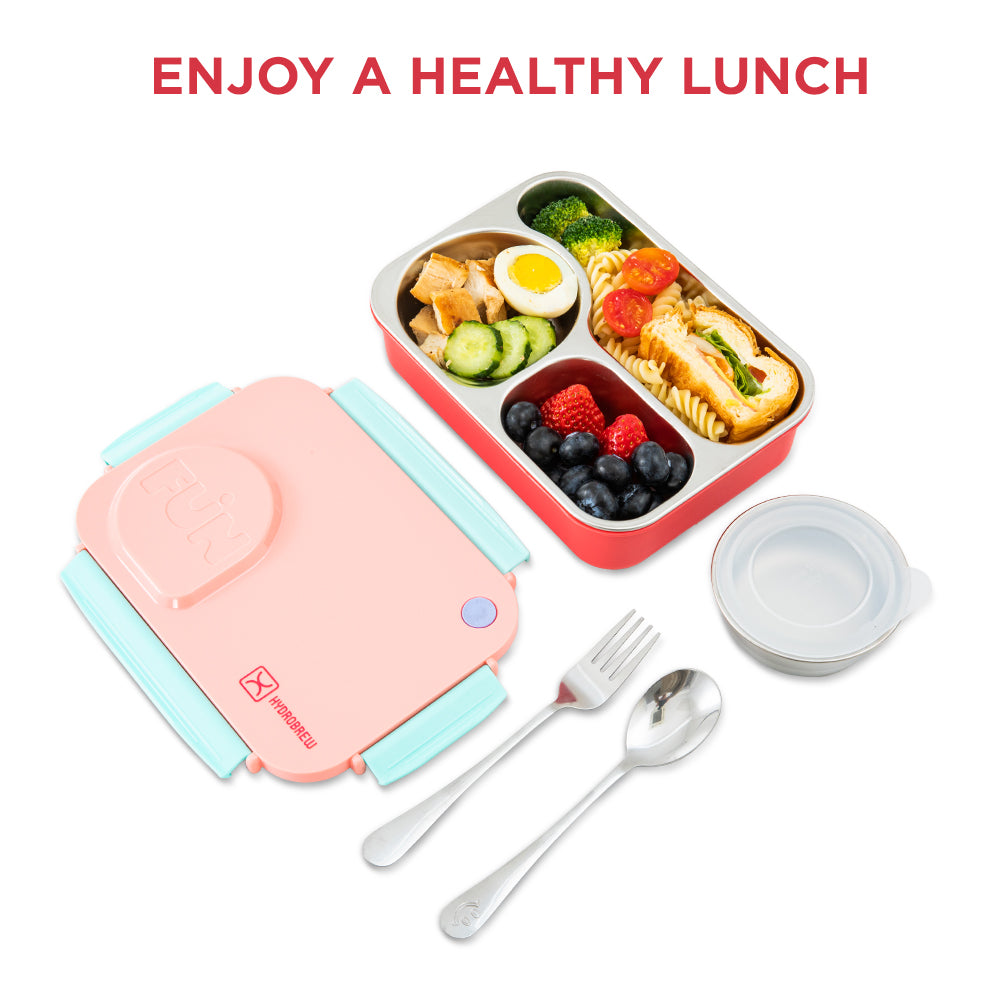 Hydrobrew Steel Core Lunch Box 750ml + 150ml Food Jar w/ cutlery, Stainless Steel, Leakproof - PINK SORBET