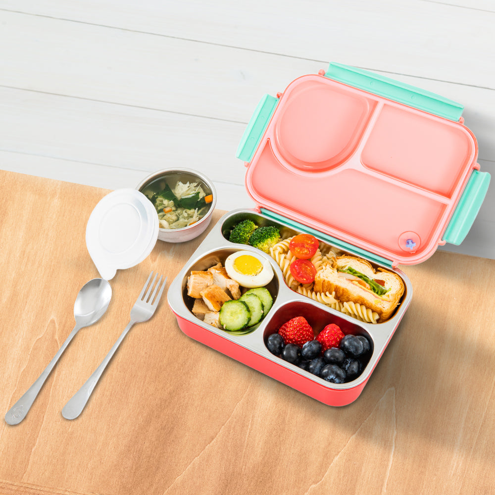 Hydrobrew Personalized Steel Core Lunch Box 750ml + 150ml Food Jar w/ cutlery, Stainless Steel, Leakproof - PINK SORBET