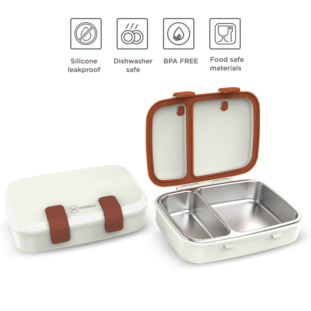 Hydrobrew Steel Core Bento Stainless Steel Lunch Box – 839ml, 2 Compartment-Ivory Terracotta