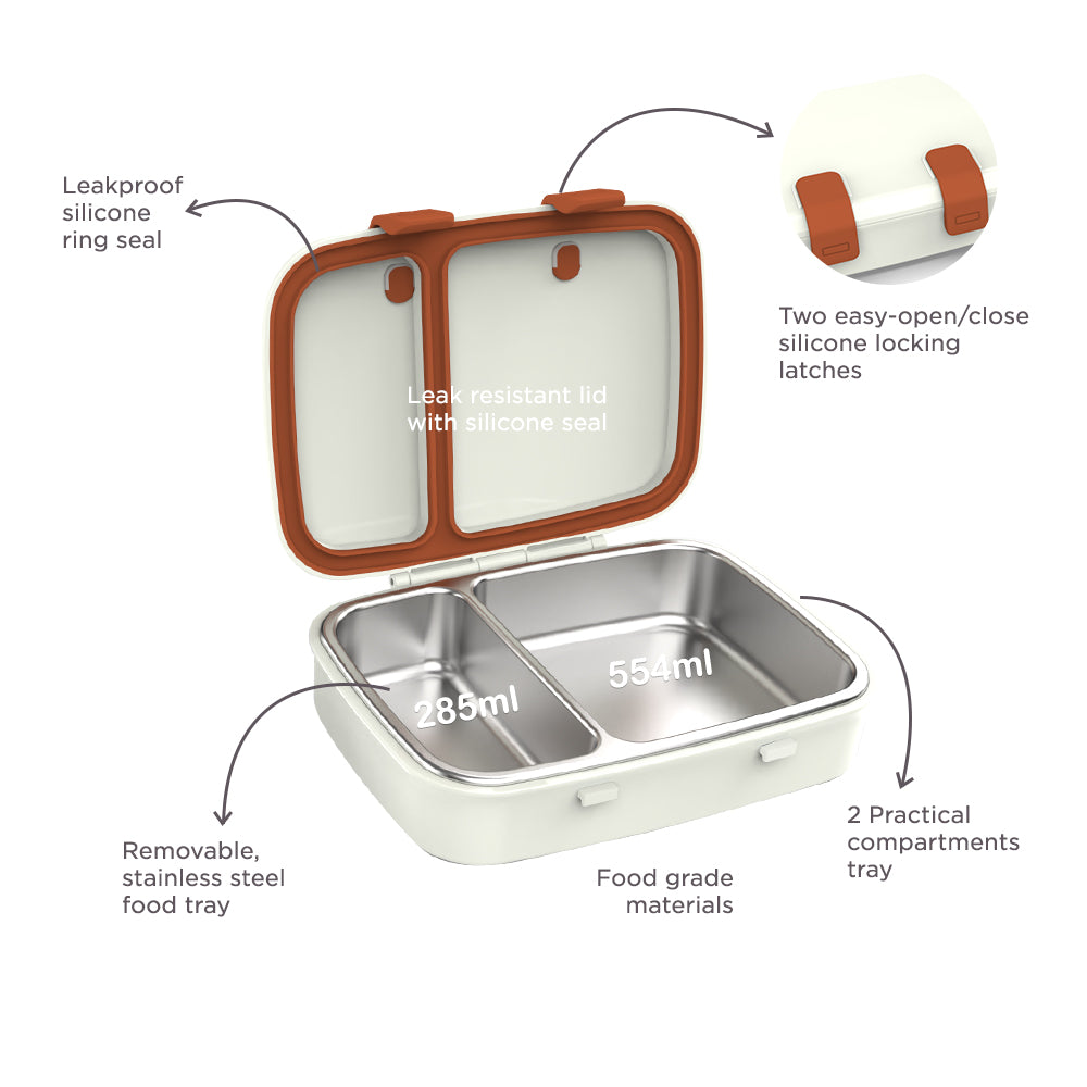 Hydrobrew Steel Core Bento Stainless Steel Lunch Box – 839ml, 2 Compartment-Ivory Terracotta