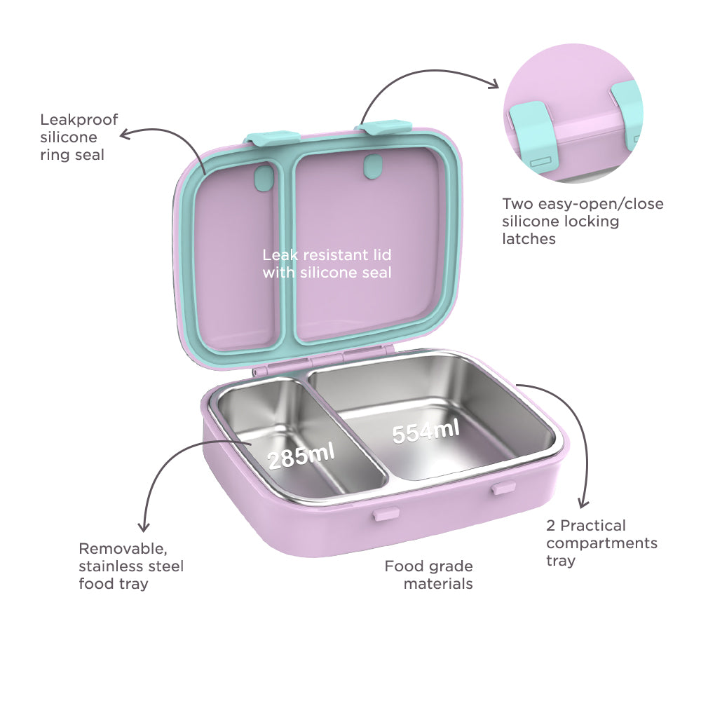 Hydrobrew Steel Core Bento Stainless Steel Lunch Box – 839ml, 2 Compartment-Orchid Mist