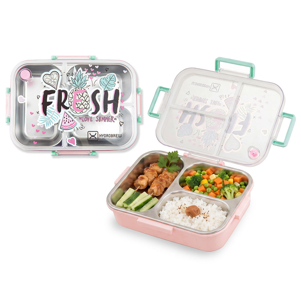 HydroBrew Steel Core Bento Lunch Box 3 Compartment 750ml – Fresh Pink