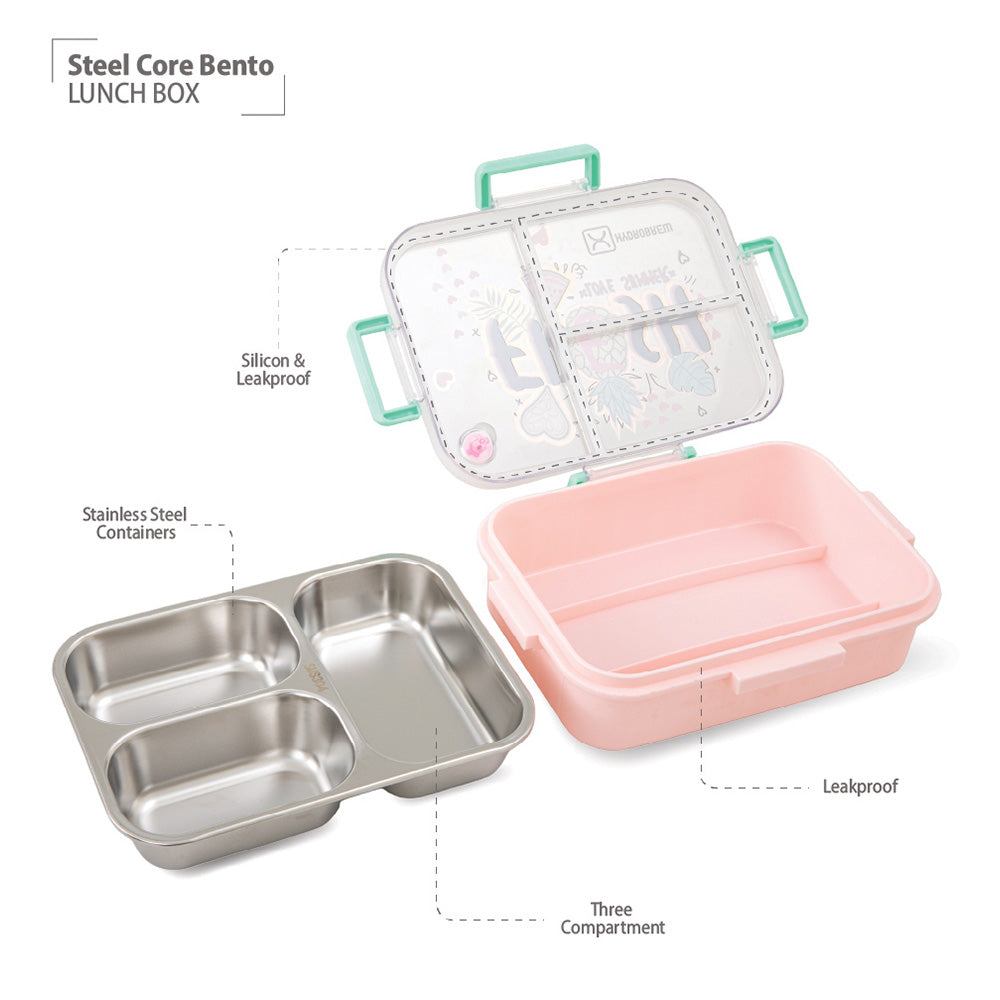 HydroBrew Steel Core Bento Lunch Box 3 Compartment 750ml – Fresh Pink