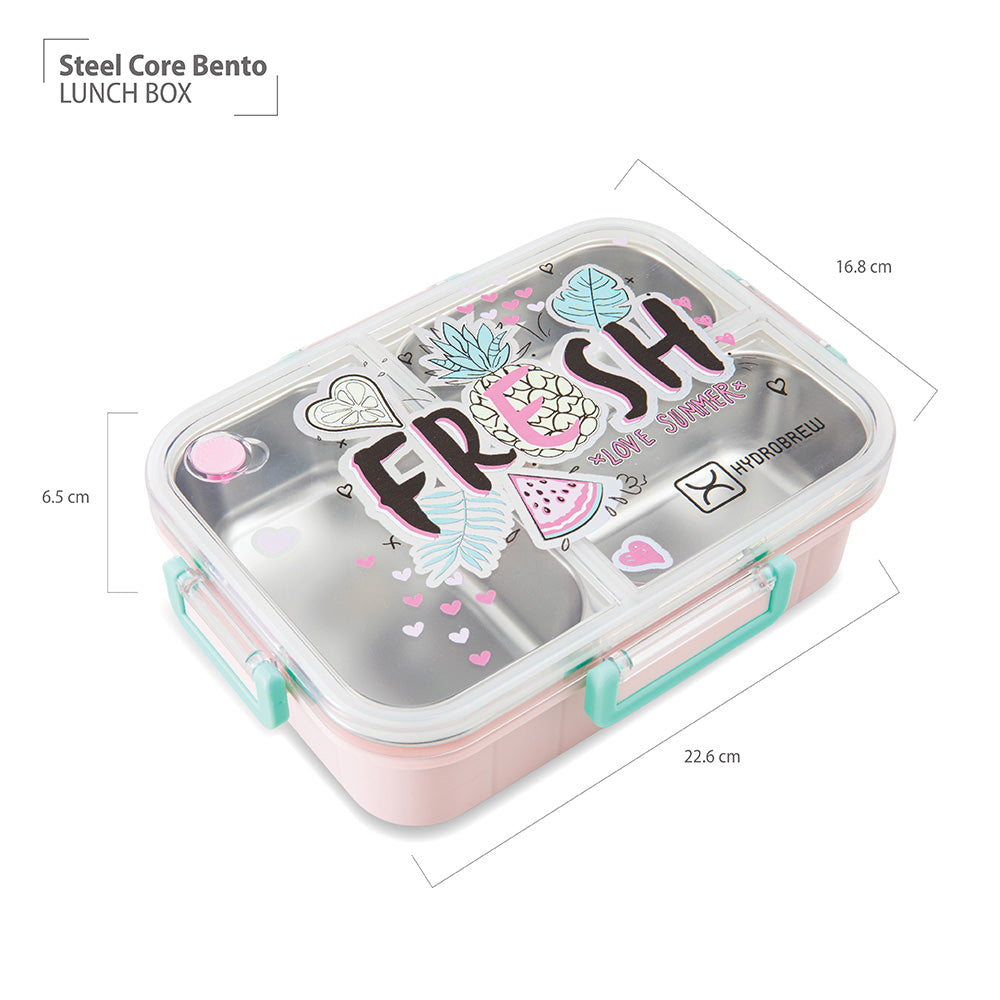 HydroBrew Steel Core Bento Lunch Box 3 Compartment 750ml – Fresh Pink