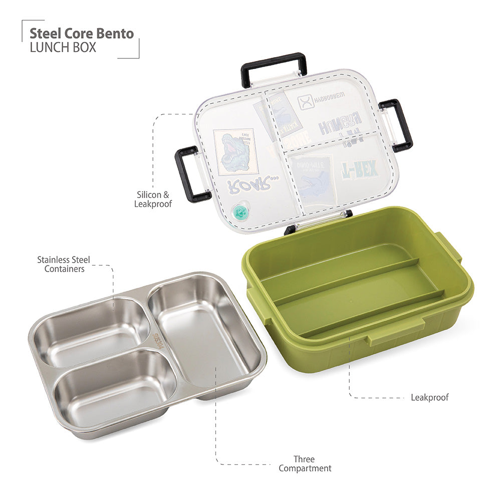 HydroBrew Steel Core Bento Lunch Box 3 Compartment 750ml – Olive Roar