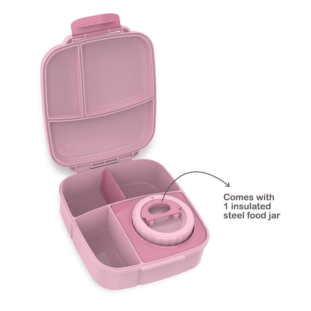 Hydrobrew Mega Flex Bento Lunch Box 1864ml, Leakproof Lunch Container with Integrated 250ml Insulated Food Jar- Rose Silk