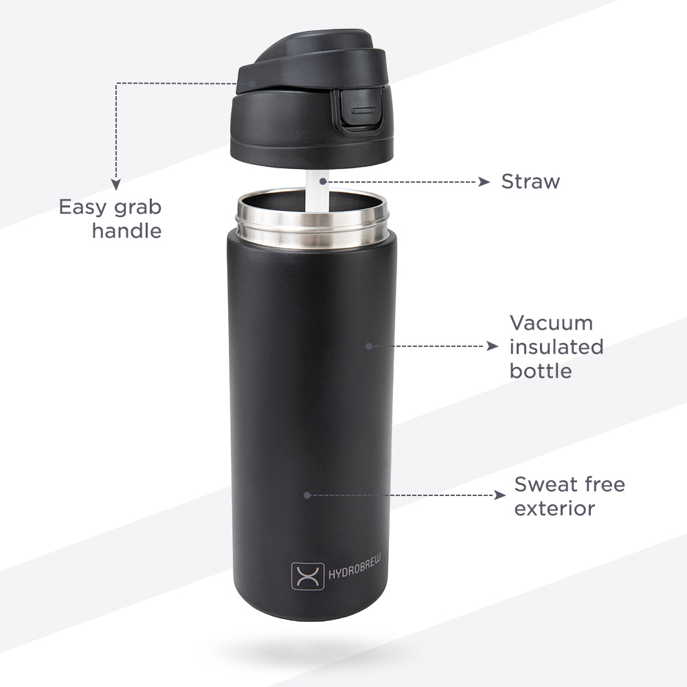 Hydrobrew Personalized SipSwitch™ Insulated Water Bottle 720ml – Leakproof, Stainless Steel, Straw & Spout Lid -Carbon