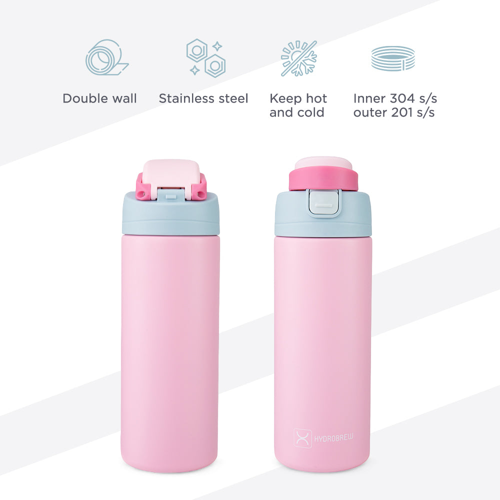 HydroBrew SipSwitch™ Insulated Water Bottle 720ml – Leakproof, Stainless Steel, Straw & Spout Lid -Rose Silk