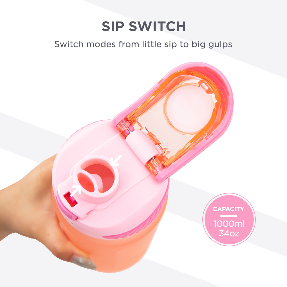 HYDROBREW Sip Switch Tritan Water Bottle 1000ml Leakproof, BPA Free, Straw & Spout Lid- Rose Silk