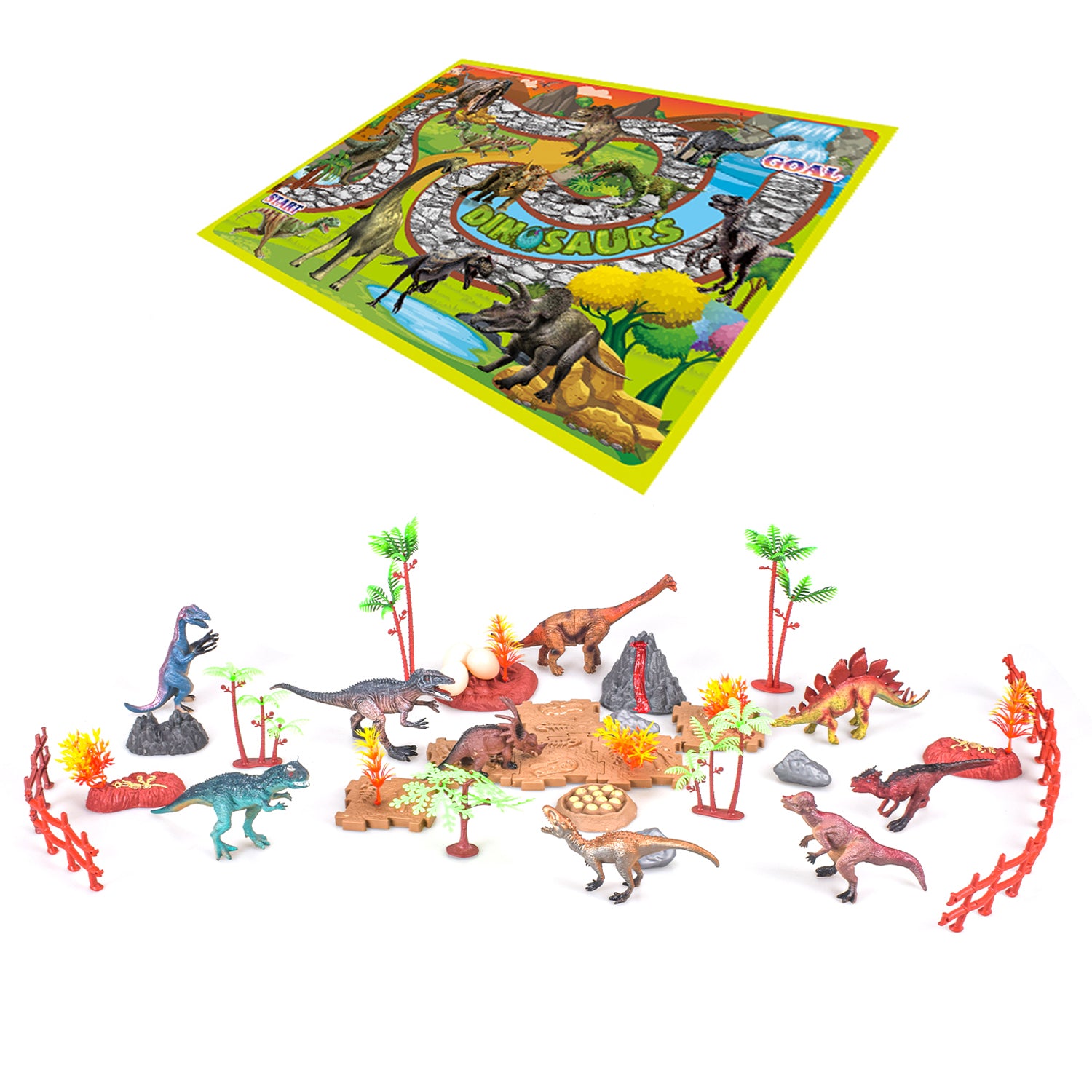 LITTLE STORY Toy 18Pcs Dino World Set With 9Pcs Dinosaur, Scene Carpet and Accessories - Multicolor