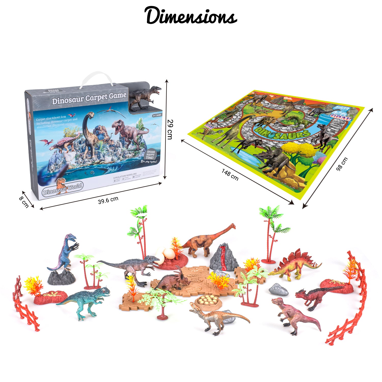 LITTLE STORY Toy 18Pcs Dino World Set With 9Pcs Dinosaur, Scene Carpet and Accessories - Multicolor