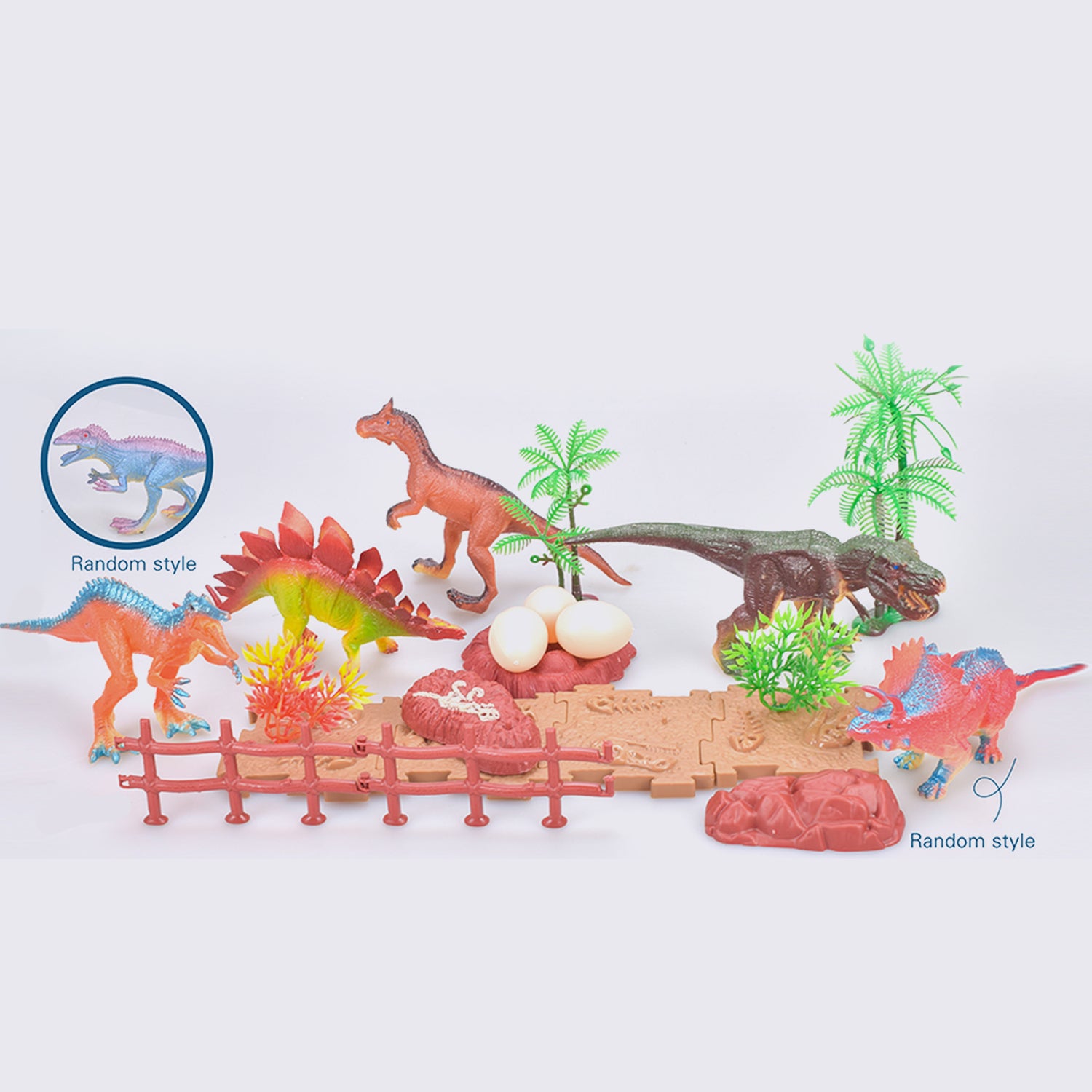 LITTLE STORY 21Pcs Dinosaur World Bucket Set With 5Pcs Dinosaur, 3Pcs Egg, and Scene Accessories and 1 Basket - Multicolor