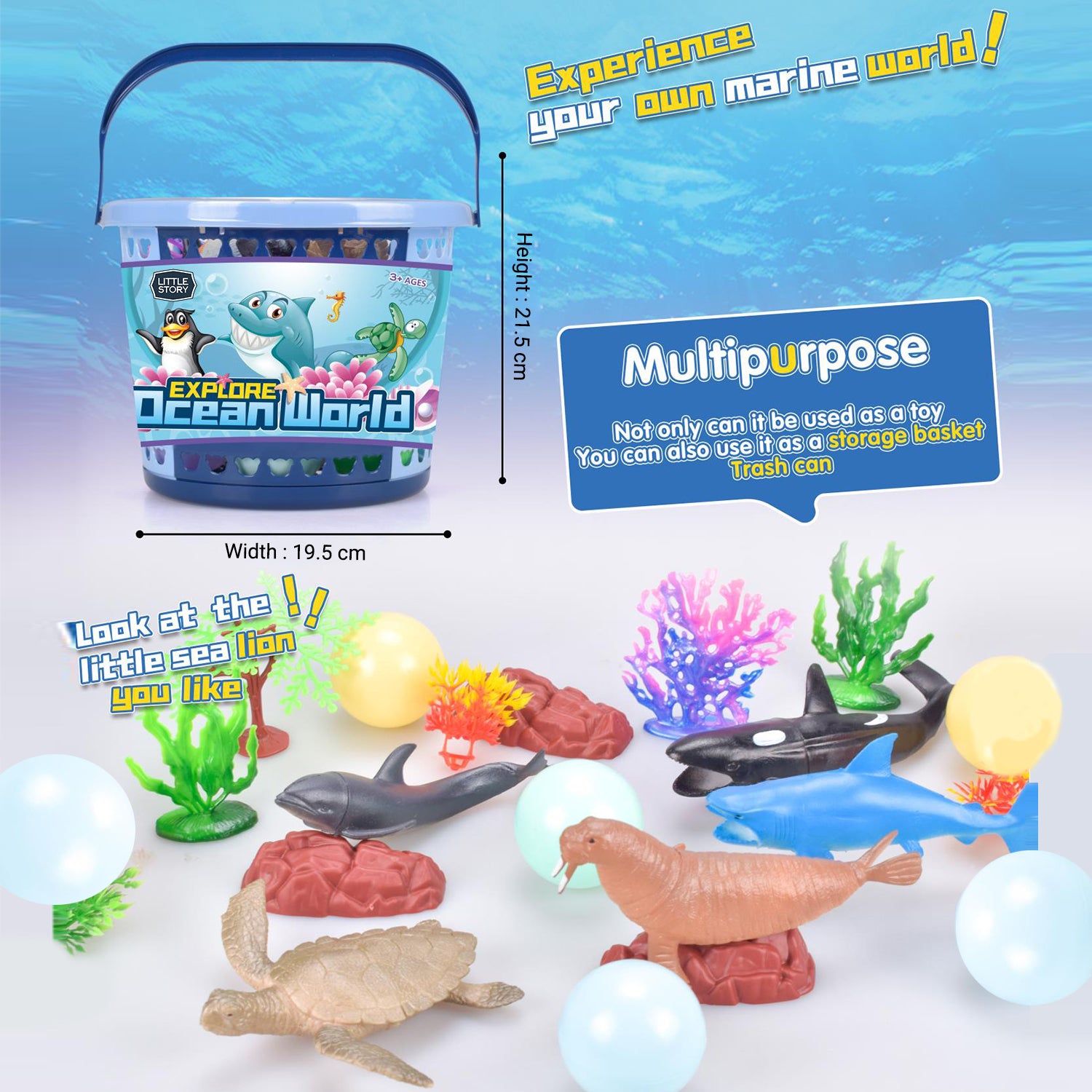 LITTLE STORY 21Pcs Ocean World Bucket Set 5Pcs With Marine Animal, 5Pcs Ocean Ball Accessories and 1 Basket - Multicolor