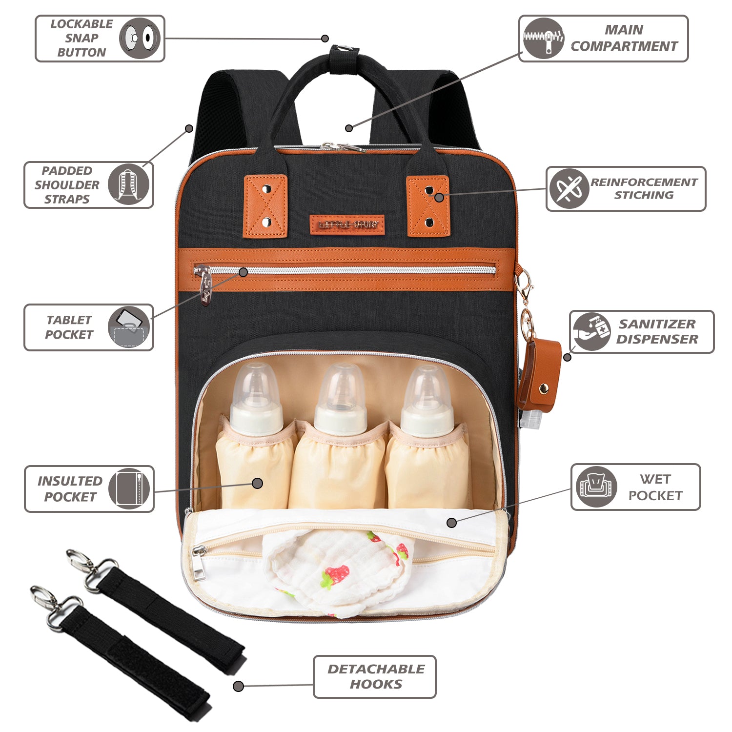LITTLE STORY 2in1 Diaper Bag w/Sanitizer Bottle keychain & Stroller Hooks - Black