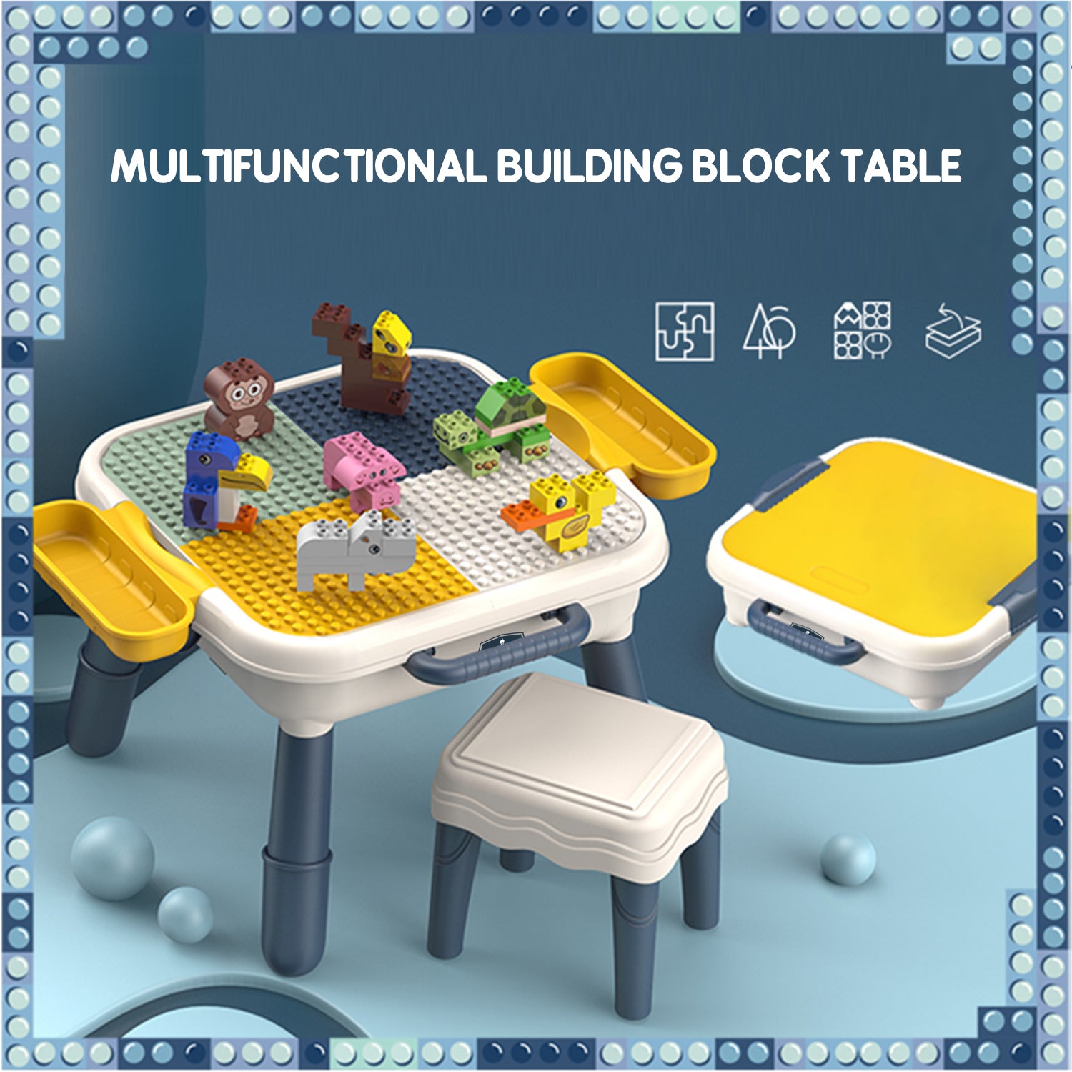 LITTLE STORY 4 In 1 Block Activity Table With Stool and Blocks - Blue