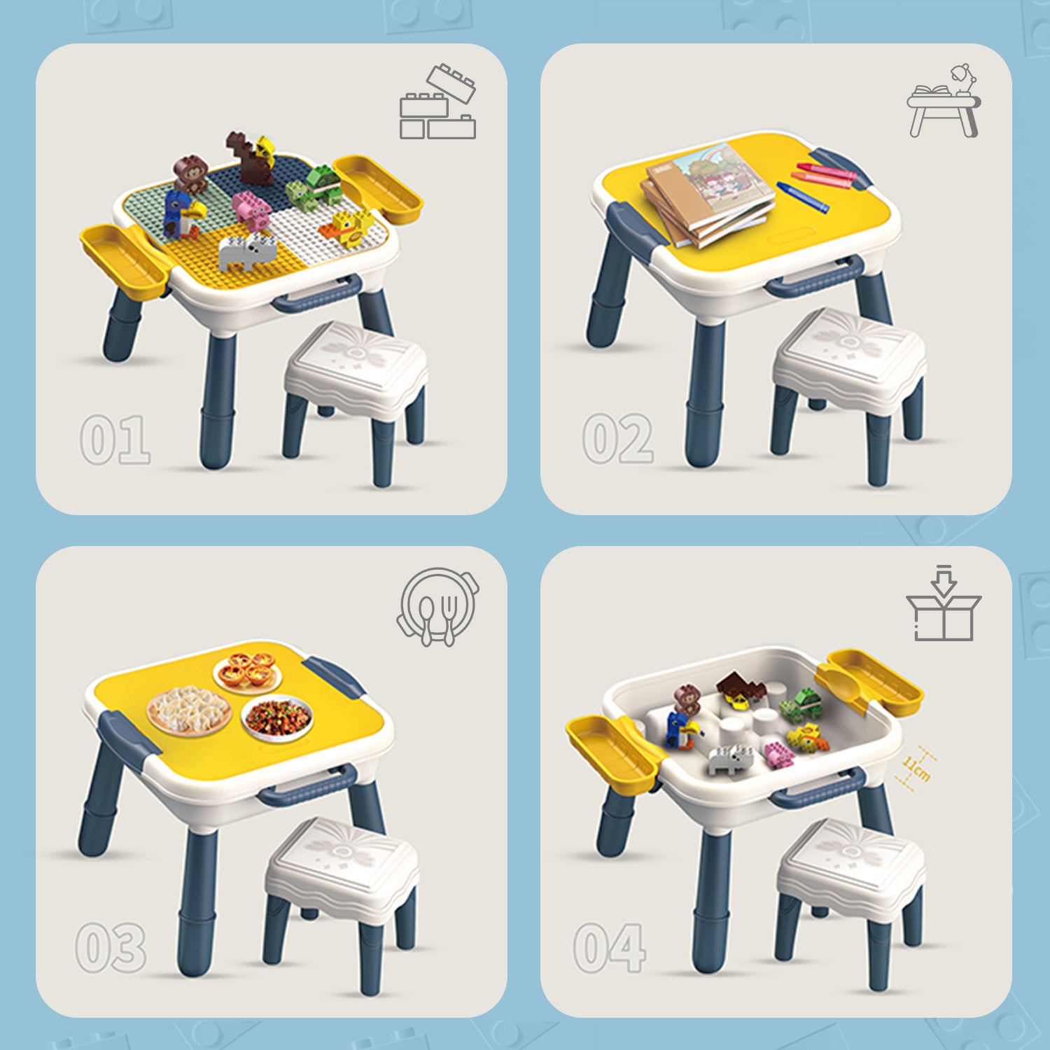 LITTLE STORY 4 In 1 Block Activity Table With Stool and Blocks - Blue