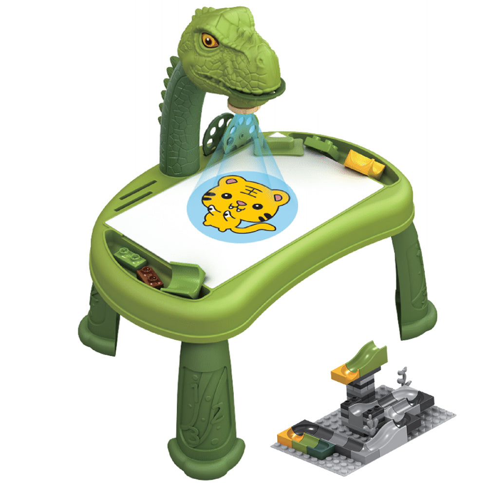 LITTLE STORY DIY T - Rex 3 - IN - 1 Spinning Puzzle Block Table, Projection Drawing Board & Learning Table Set (81 Pcs), STEM Series - Multicolor