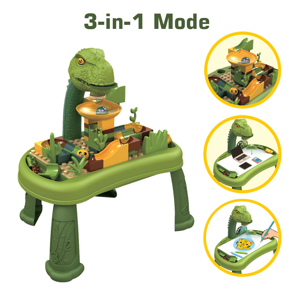 LITTLE STORY DIY T - Rex 3 - IN - 1 Spinning Puzzle Block Table, Projection Drawing Board & Learning Table Set (81 Pcs), STEM Series - Multicolor