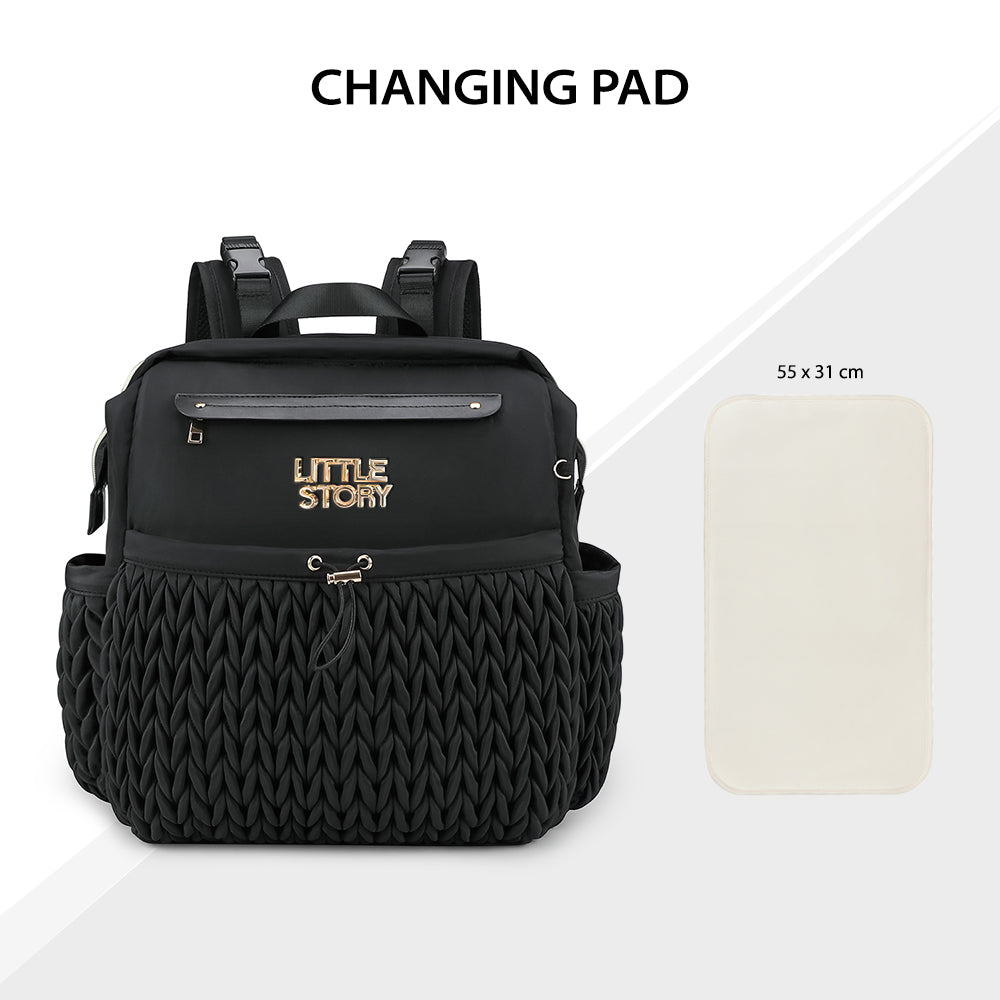 Little Story Diaper Backpack with Changing Pad & Laptop Sleeve – Water-Repellent Baby Nappy Bag, Black