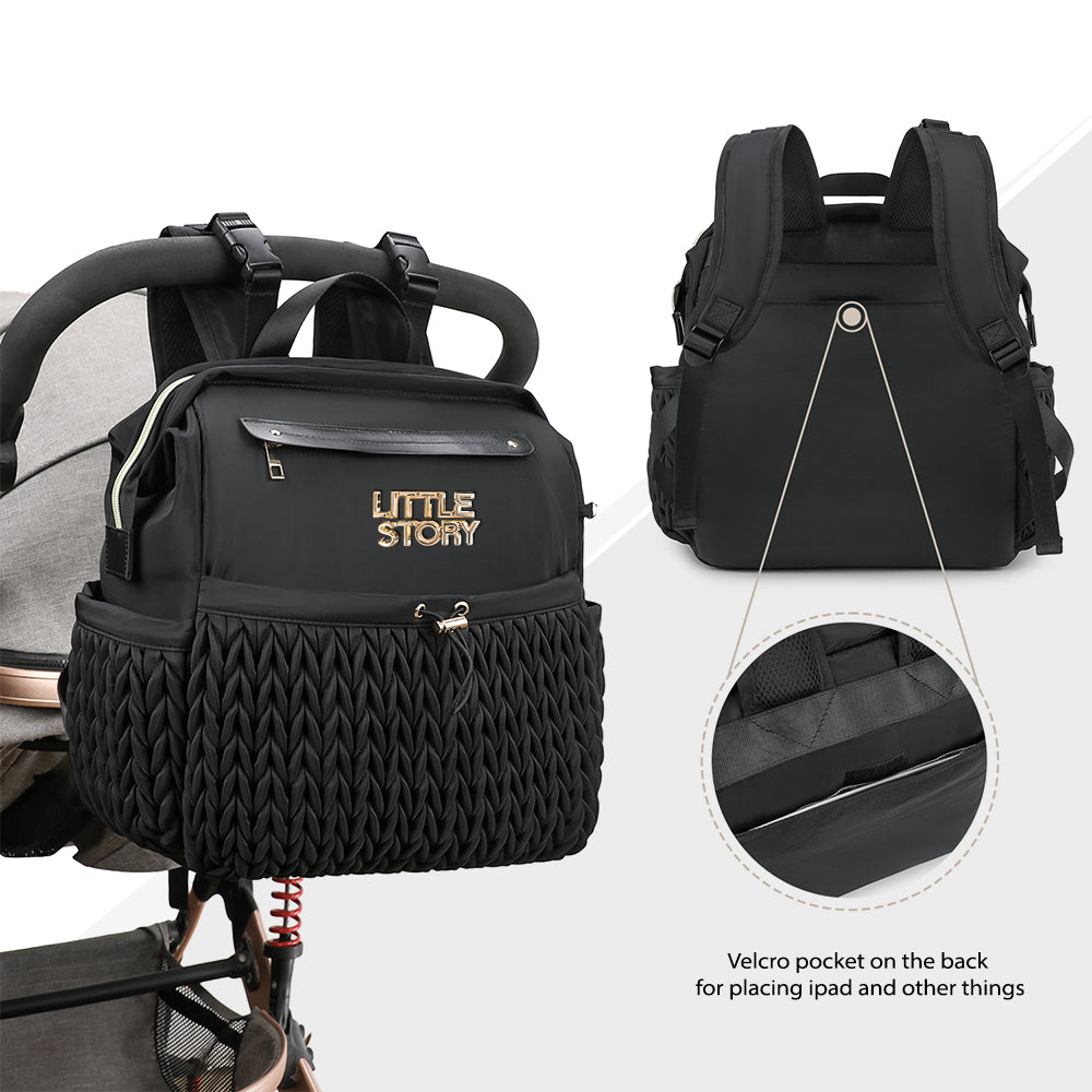 Little Story Diaper Backpack with Changing Pad & Laptop Sleeve – Water-Repellent Baby Nappy Bag, Black