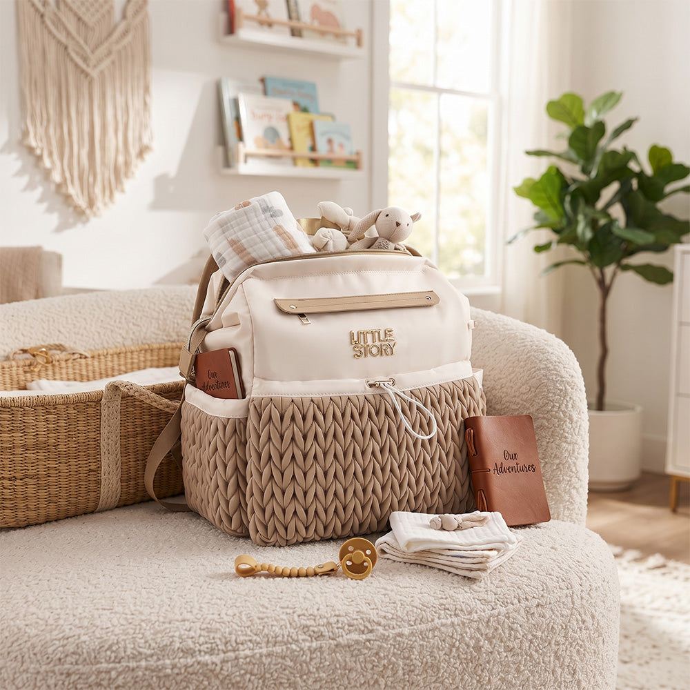 Little Story Diaper Backpack with Changing Pad & Laptop Sleeve β Water-Repellent Baby Nappy Bag, Khaki