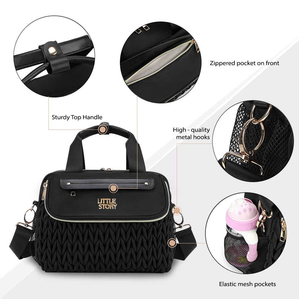 Little Story Compact Diaper Backpack with Changing Pad & Shoulder Strap – Water-Repellent Baby Nappy Bag, Black