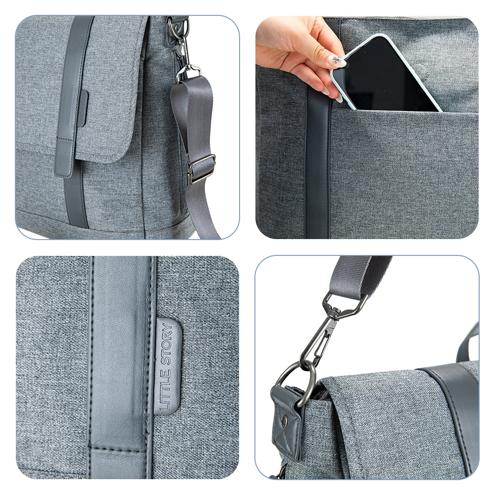 LITTLE STORY Dad's Diaper Bag w/Changing Mat & Stroller Straps - Grey
