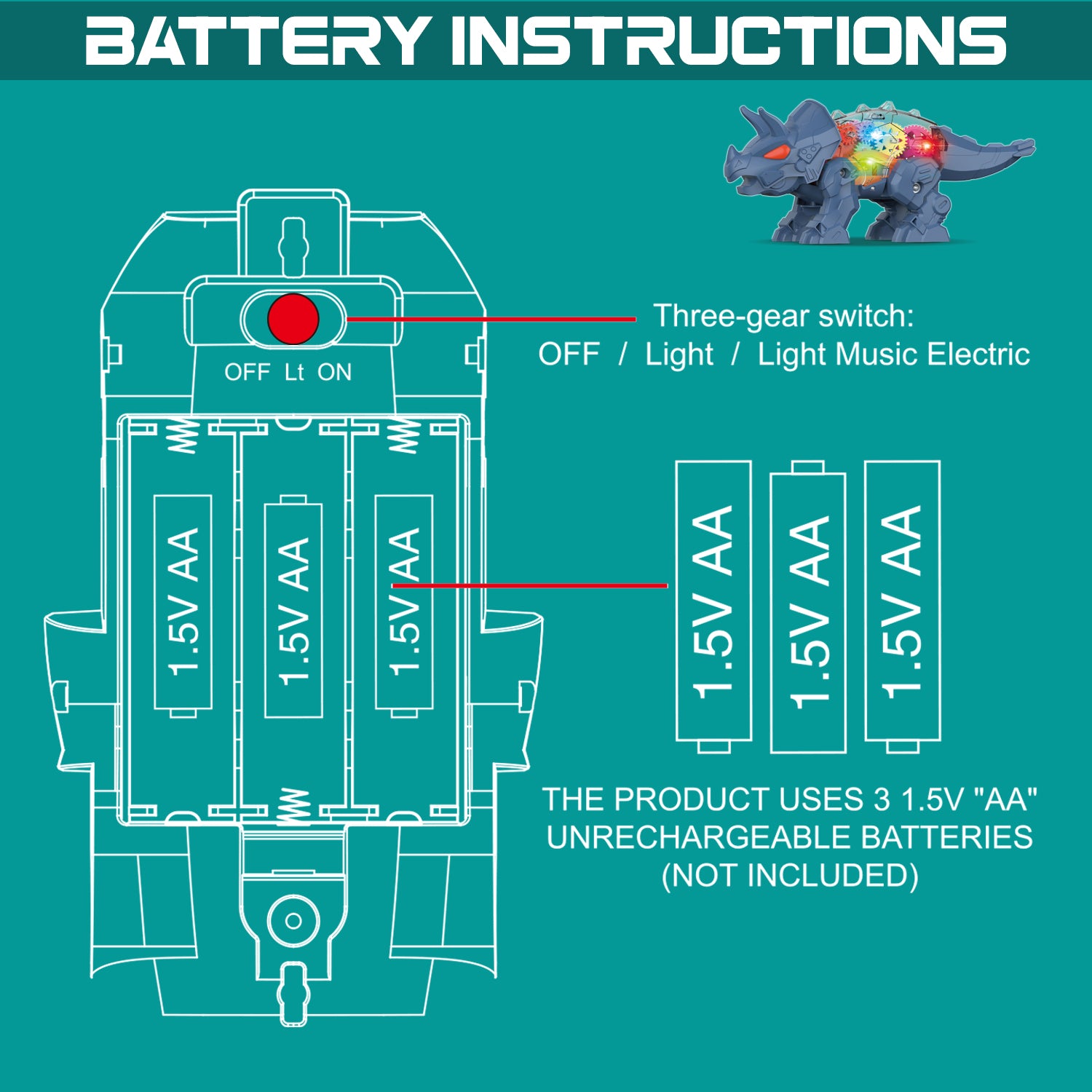 LITTLE STORY Electric DIY Gear Dinosaur With Light and Sound (Excluded 3*1.5 AA Batteries) - Blue