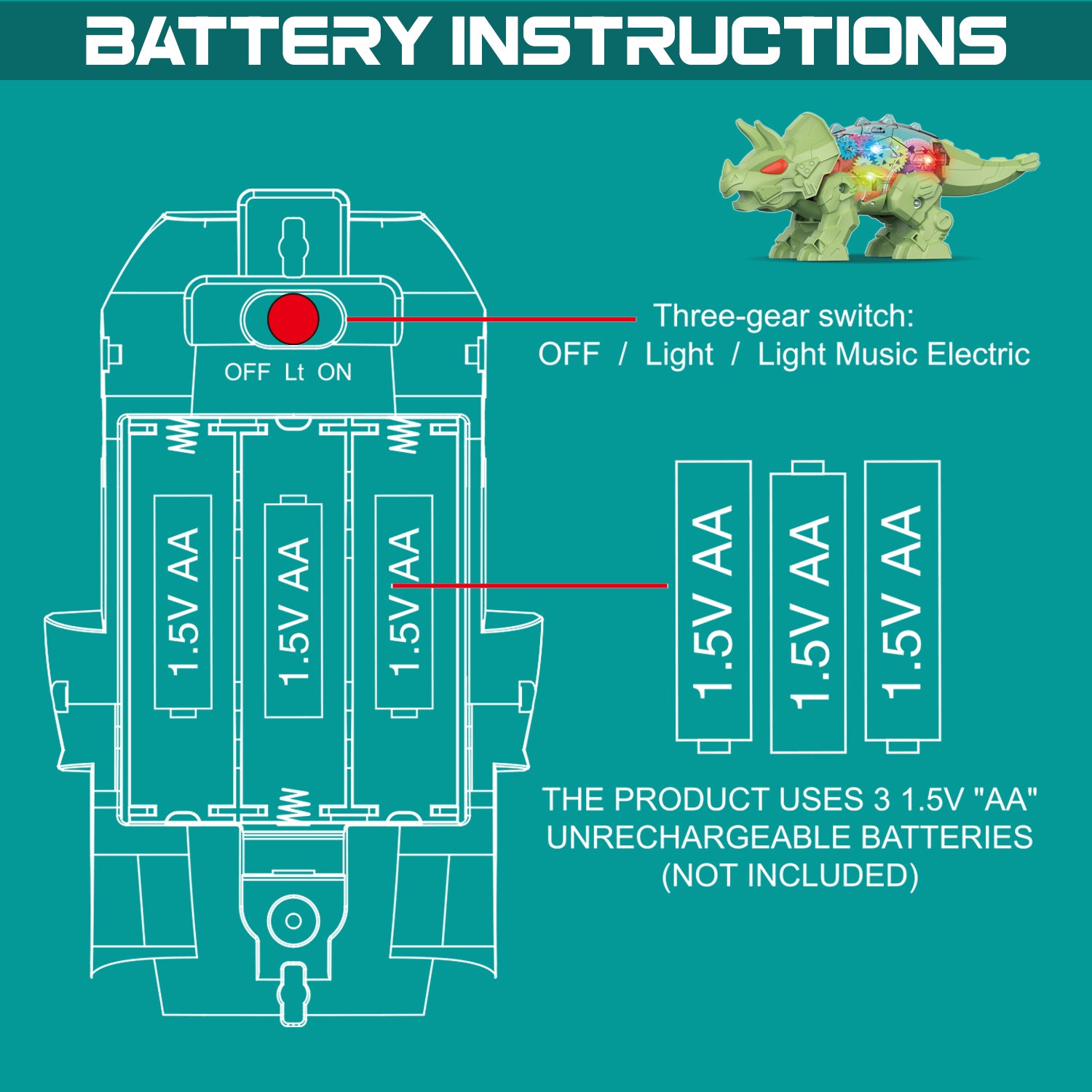 LITTLE STORY Electric DIY Gear Dinosaur With Light and Sound (Excluded 3*1.5 AA Batteries) - Green