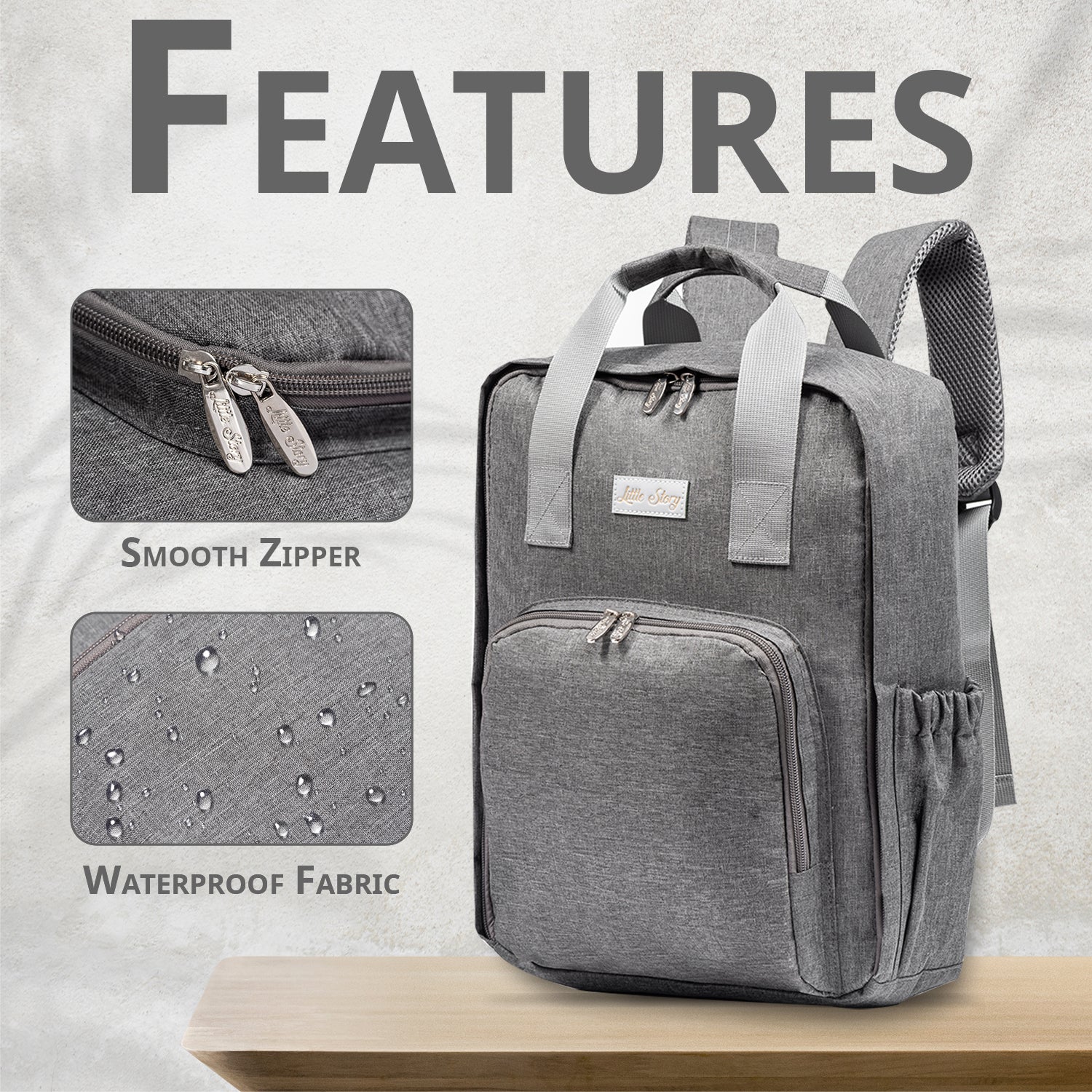 LITTLE STORY Stylish Diaper Travel Backpack wt Changing Pad - Grey