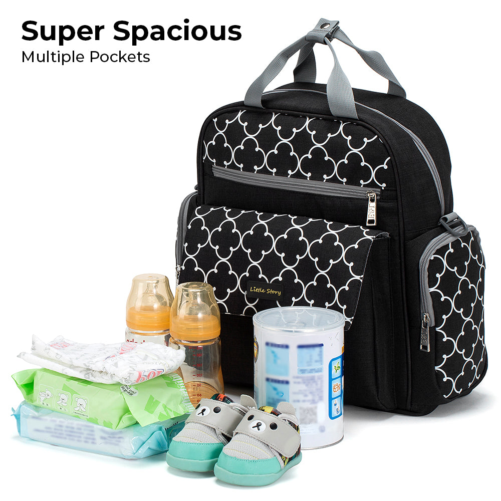 LITTLE STORY convertible Diaper Bag w/Zipper Pouch, Stroller Hooks & Changing mat - Black