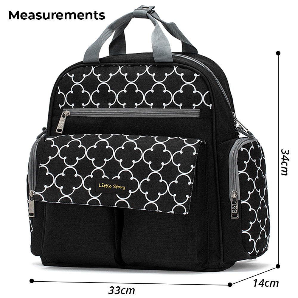 LITTLE STORY convertible Diaper Bag w/Zipper Pouch, Stroller Hooks & Changing mat - Black