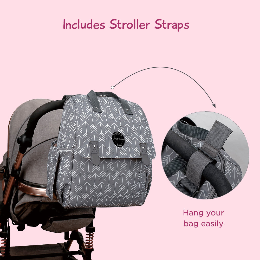 LITTLE STORY set of 3 Diaper Backpack with Changing Mat and Bottle Bag - Arrow Grey